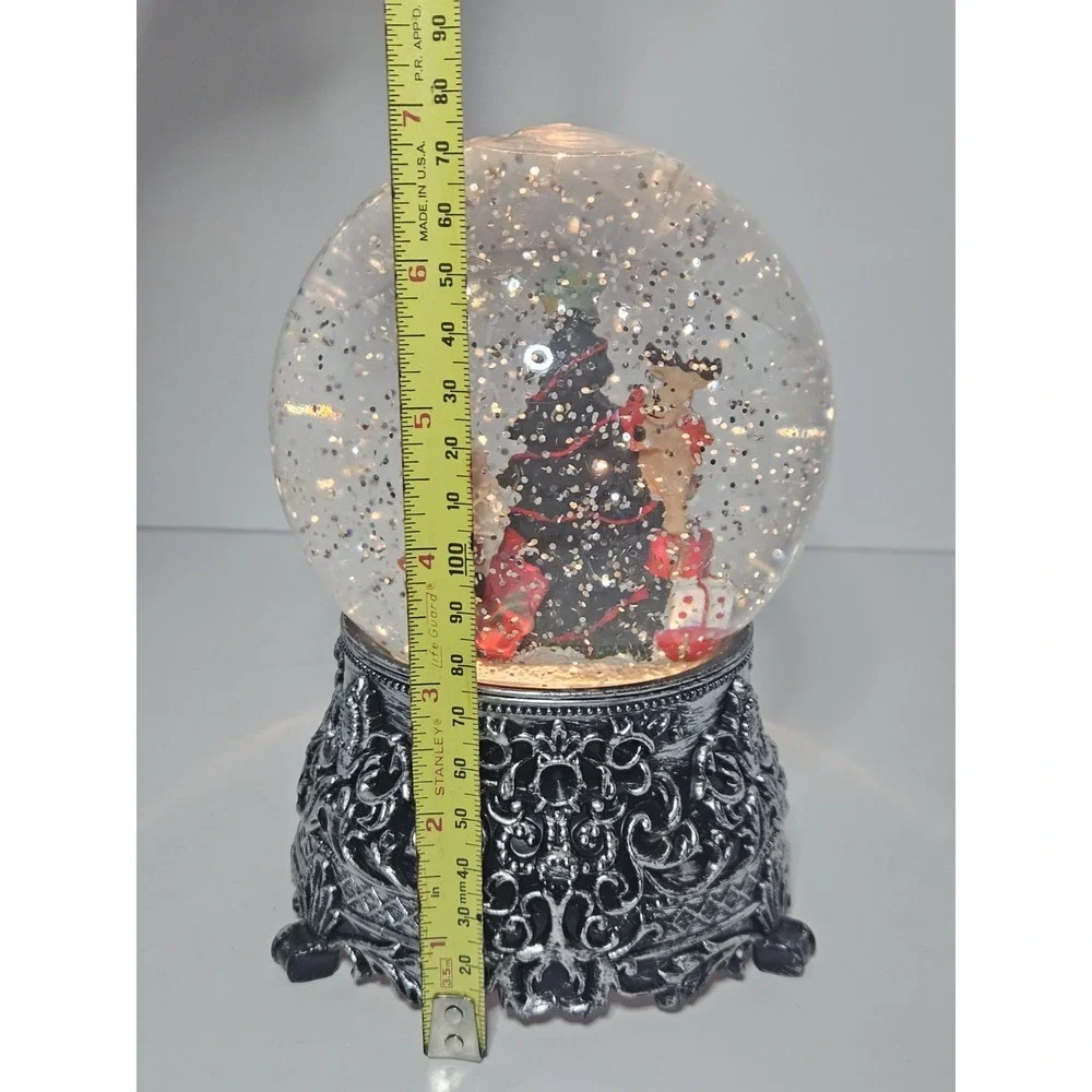 Lighted Christmas Tree Snow Globe Swirling Glitter Plastic Dome Black Filigree